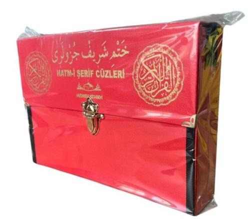 Kur'an-ı Kerim 30 Cüz Hatim Seti Bilgisayar Hatlı Rahle Boy - Çantalı Kırmızı Renk Deri Çantalı