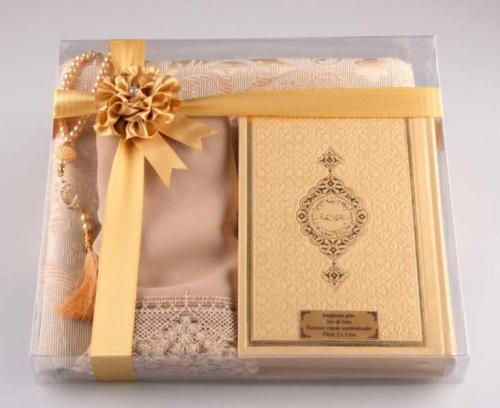 Şal + Seccade + Tesbih + Kuran Hediye Seti (Hafız Boy, Gold) | Kitap A